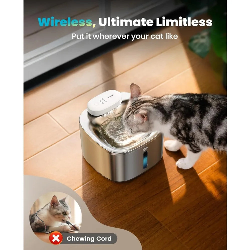 Hot-Selling Hit Wireless Cat Water Fountain, Battery Operated Pet Drinking Fountain Stainless Steel 7.8"L X 7.8"W X 6"H
