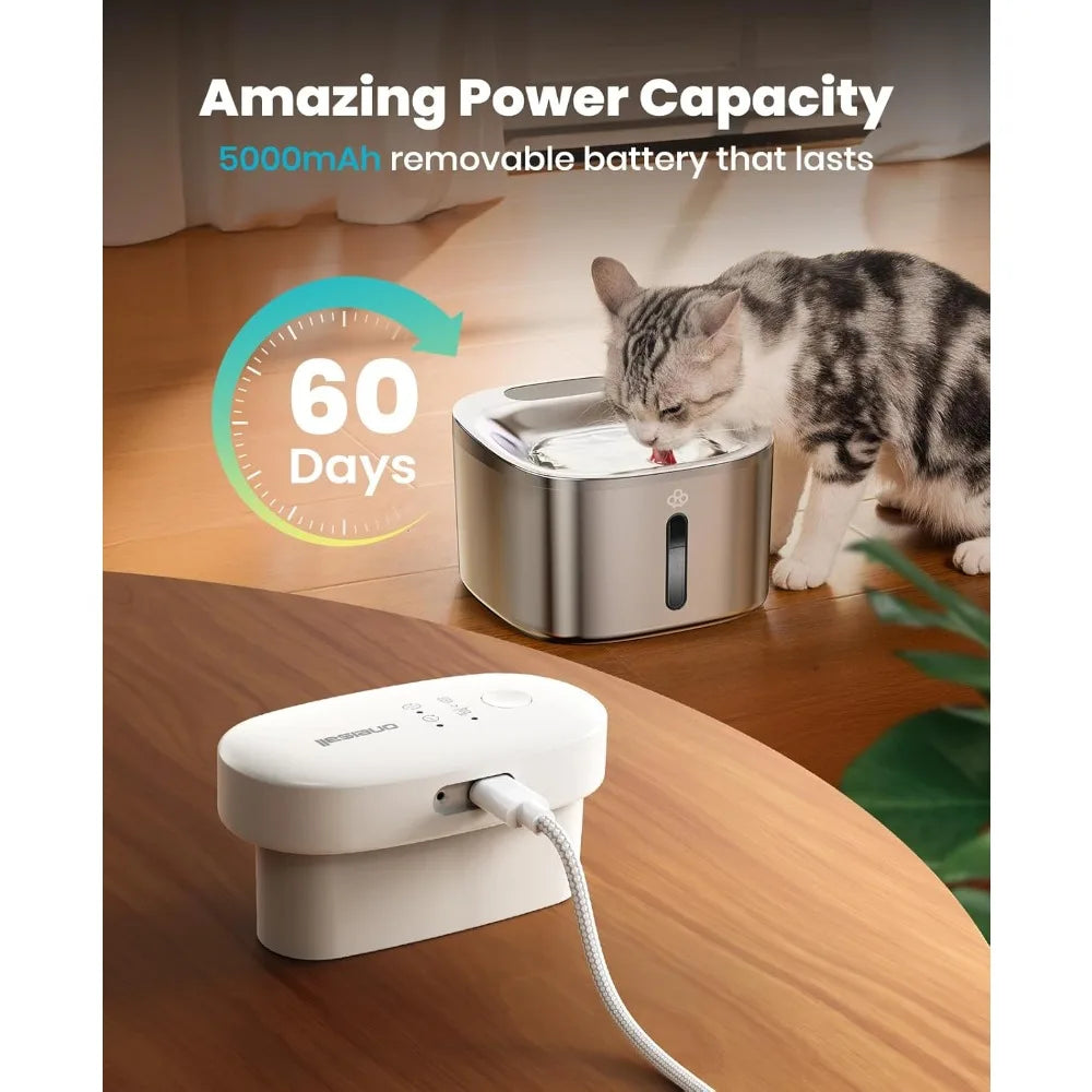 Hot-Selling Hit Wireless Cat Water Fountain, Battery Operated Pet Drinking Fountain Stainless Steel 7.8"L X 7.8"W X 6"H